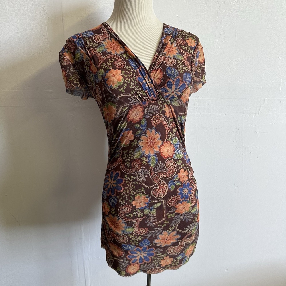 Vtg Y2K Sweet Pea Mesh Baby Doll Tunic V Neck Women's Medium Multicolor Paisley - Picture 2 of 16